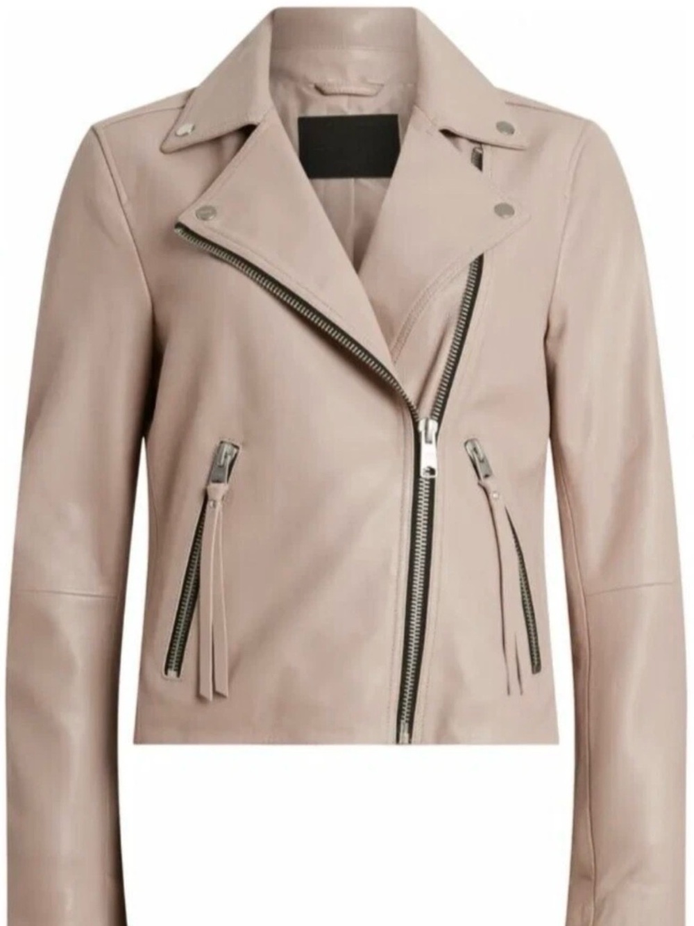 AllSaints Women's Dalby Leather Biker Jacket. Light pink sheepskin Leather
